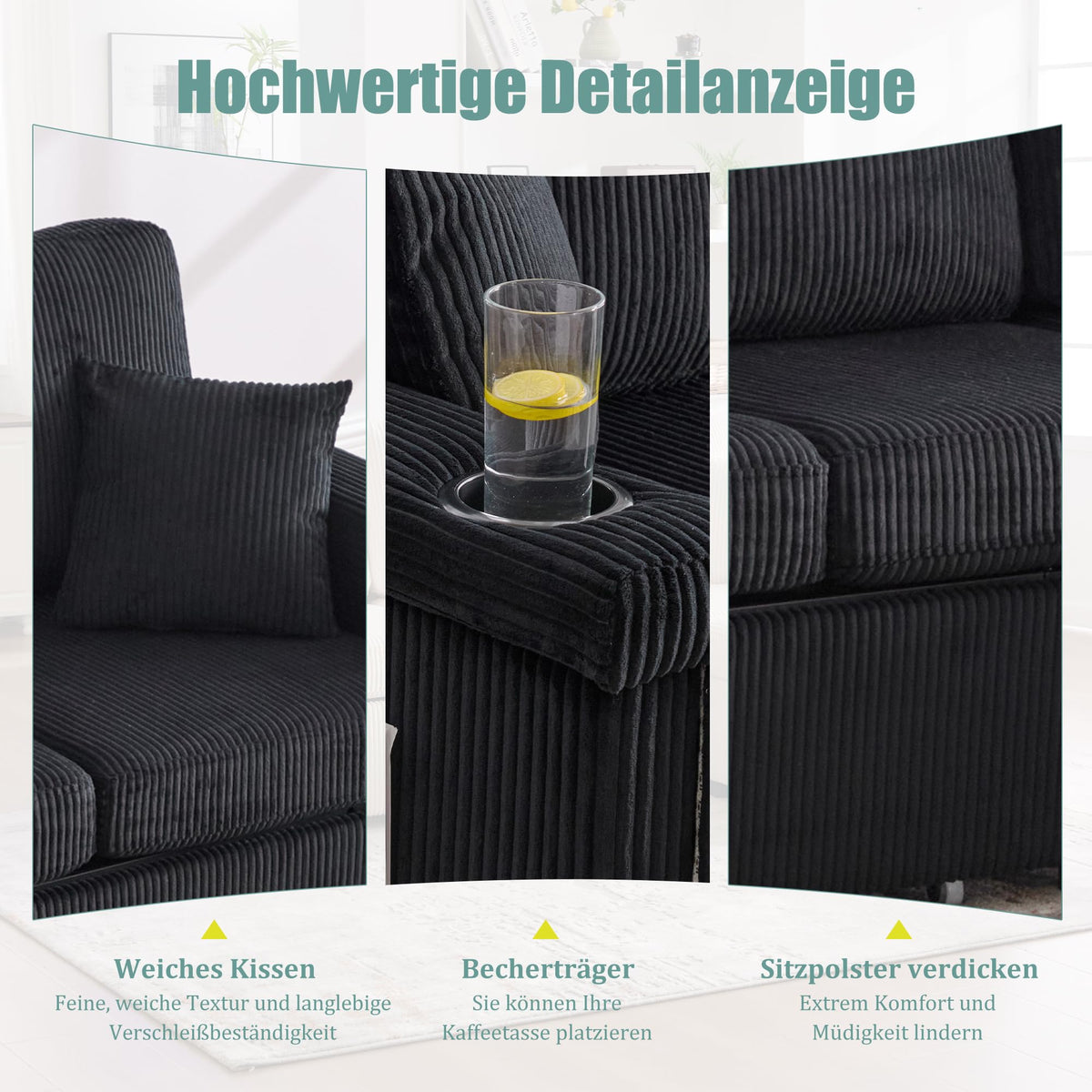 Dolamaní Sofá de terciopelo de 3 plazas con 2 cajones, soporte para bebidas, bolsillos laterales y reposapiés para sala de estar, dormitorio y oficina (beige)