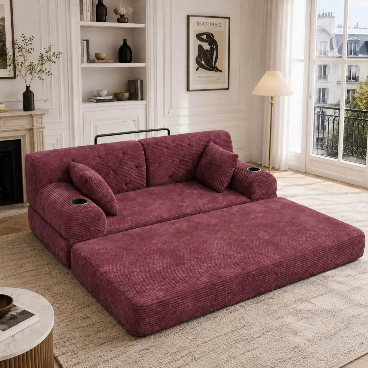 YEHTOKHOME - Sofá de Velor acanalado con respaldo alto y estructura metálica, sofá moderno de 2 plazas con 2 portavasos y 4 bolsillos laterales, para salón, dormitorio (Beige)