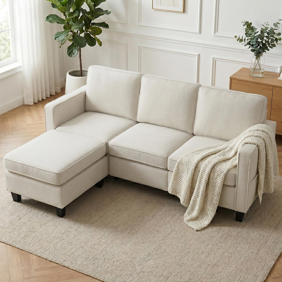 Sofá de 3 plazas con taburete, sofá flexible en forma de L como sofá esquinero, funda de tela suave con acolchado de espuma de alta densidad, sofá de salón para sala de estar, dormitorio, oficina y