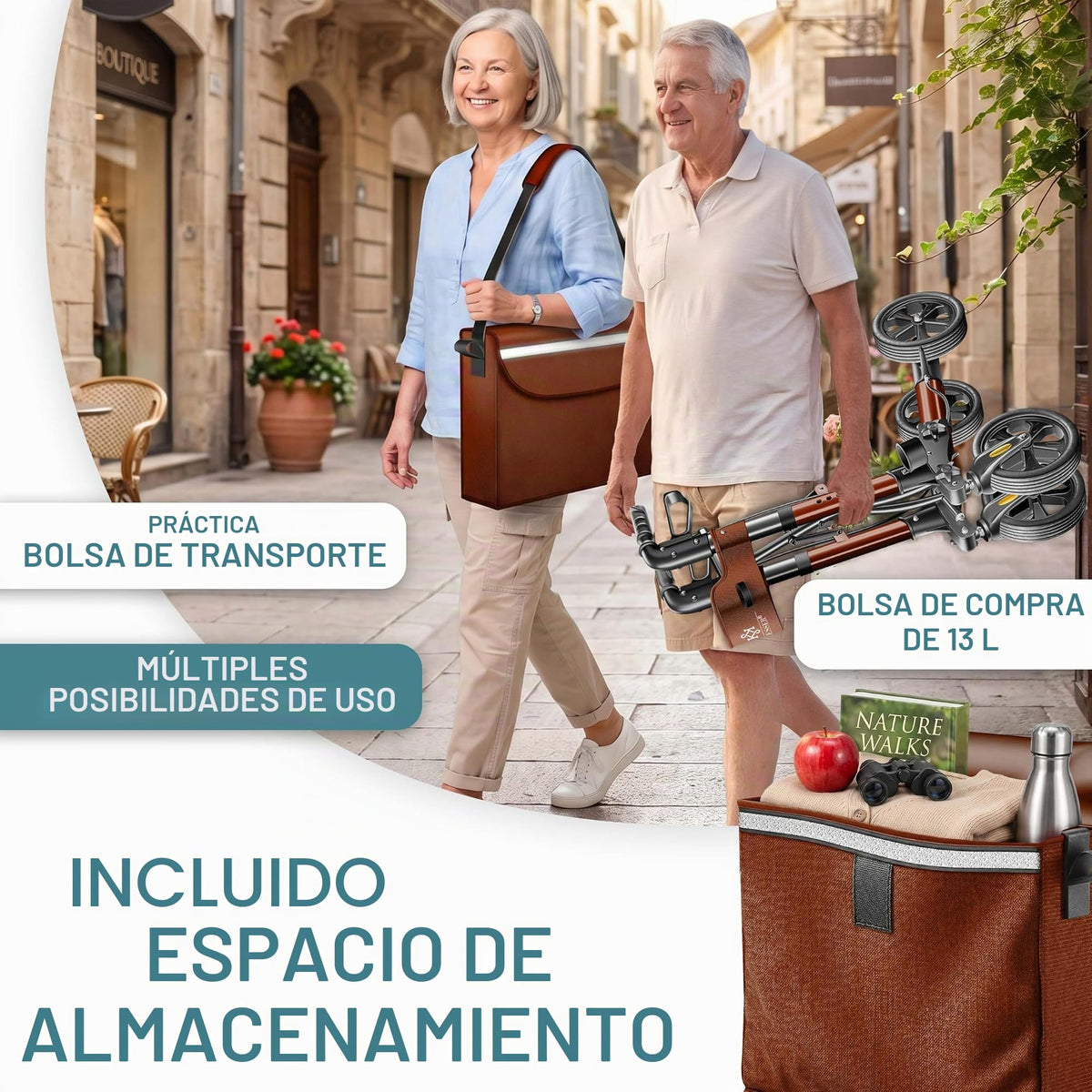 KESSER® Andador plegable con asiento y respaldo, 4 Ruedas/Frenos/Saco de Compra y Porta Bastón, Altura Ajustable 82-94cm, Andador, Carro, Rollator para Ancianos Gris