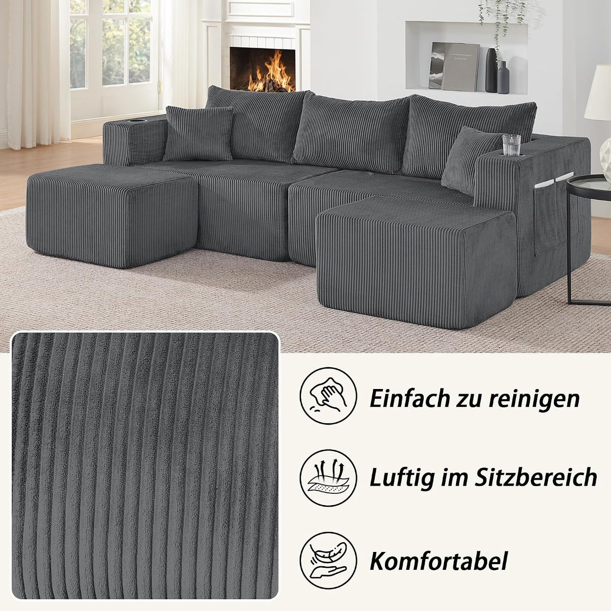 Bladez Sofá esquinero modular en forma de U de pana de 3 plazas gris con otomana