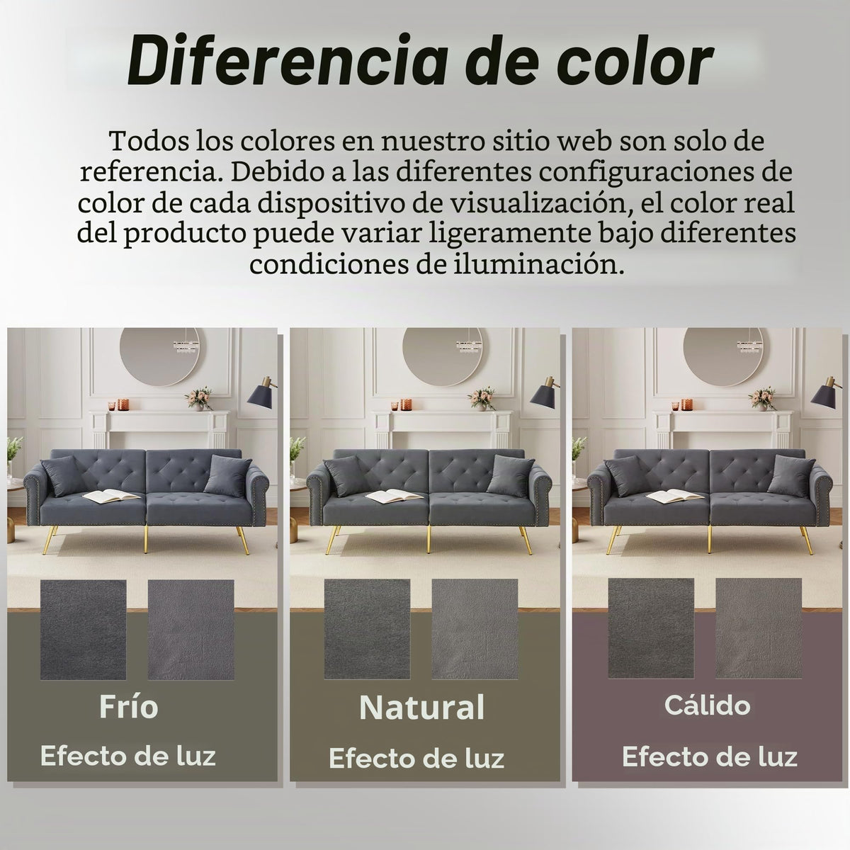 Sofá cama con esquinas ajustables, patas doradas, almohadas y bolsillos laterales para almacenamiento (Bavia)