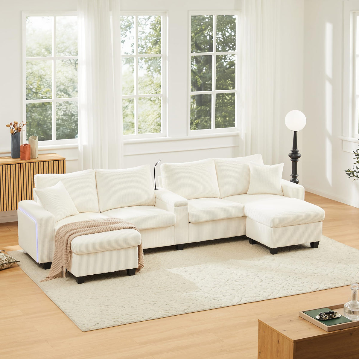 LAKFEW Sofa Cama con Cama Extensible y Taburete Almacenaje, Sofa Rinconera con USB, Lámpara de Lectura, Mesa Plegable con 2 Posavasos, 205x205x85 cm, Gris