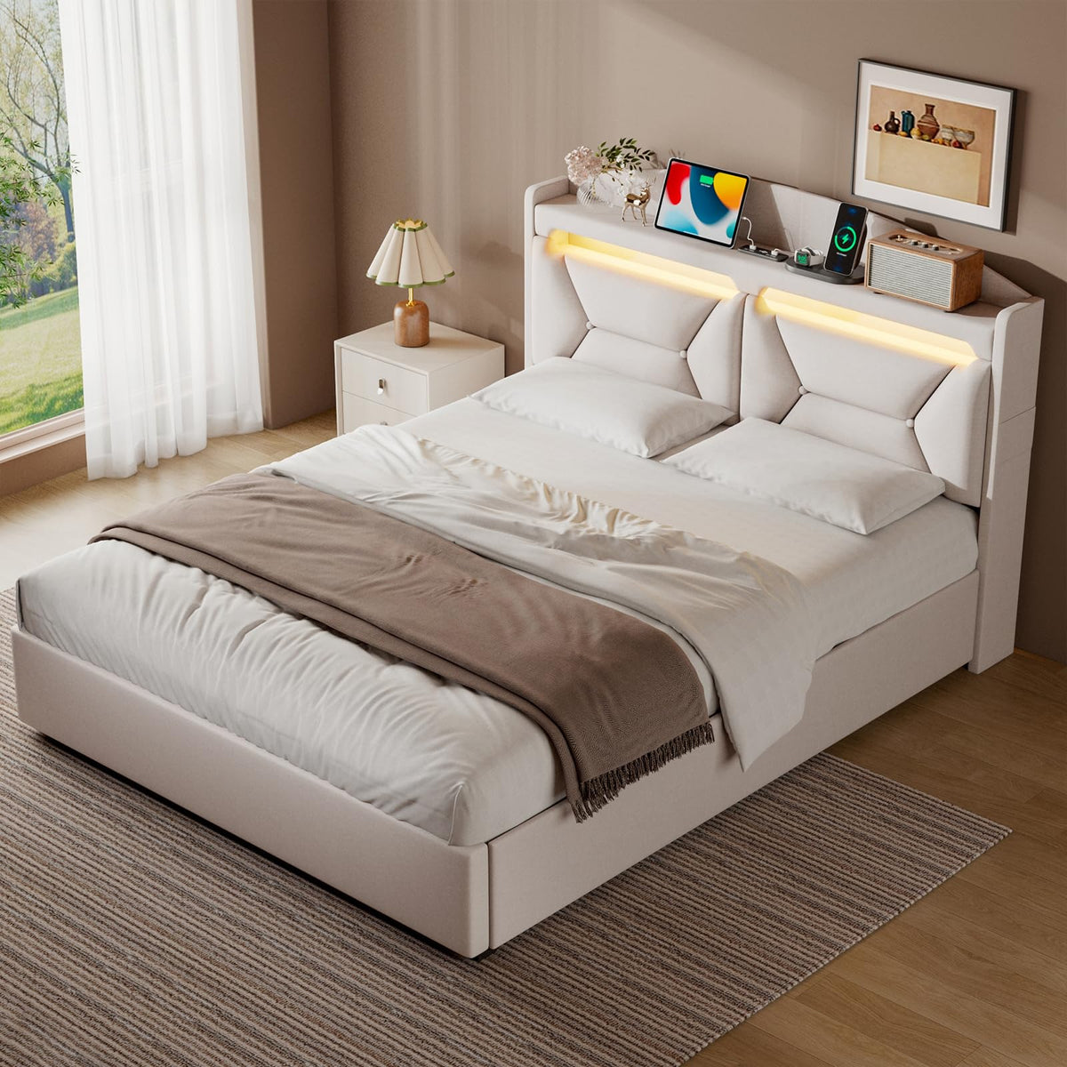 Cama 90x200 cm con Almacenamiento, Cama Individual con LED, Puertos USB y Type-C, Somier 90x200 Hidráulico, Camas Juveniles Camas Infantiles con Cabecero, Lino, Beige, Colchón No Incluido