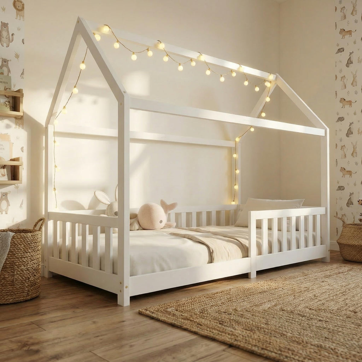 ecomi® Cama Infantil con Protección Anticaídas, Blanco, 80x160 cm