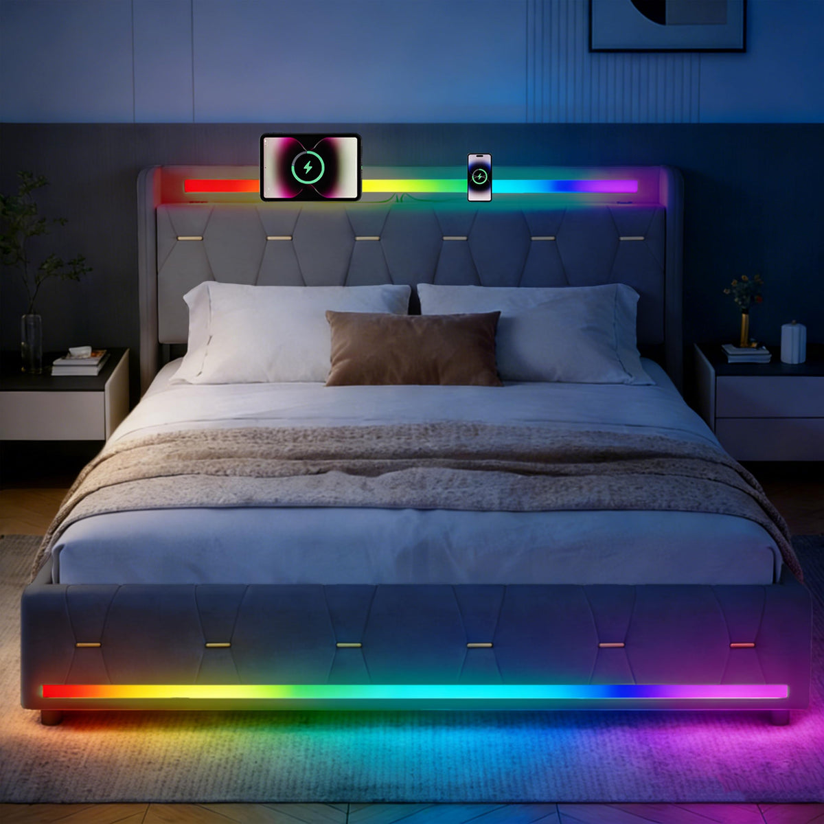 Estructura de Cama 140x200 cm con iluminación LED, Lino, Gris