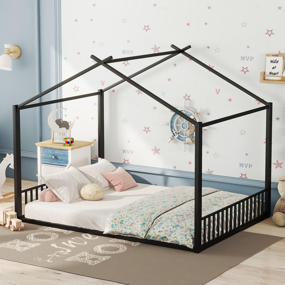 Cama infantil de 90 x 200 cm, dos camas de 90 cm con protección anticaídas, cama doble con modelado de casa, marco de hierro, color blanco, ideal para 2 niños