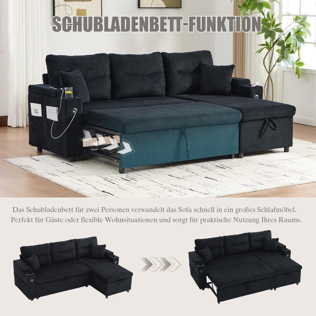 Dolamaní Sofá moderno de 4 plazas de tela de lino con espacio de almacenamiento y función de dormir, sofá cama con cajonera extensible en forma de L para casa y salón (beige B)