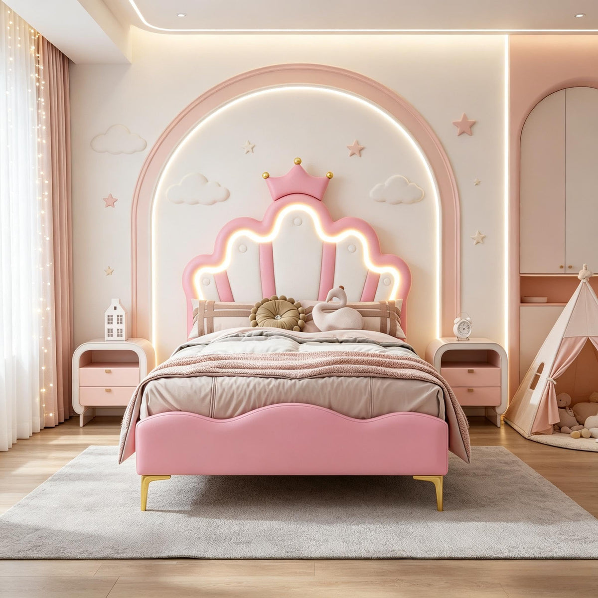 Cama Infantil tapizada 140 x 200 cm con LED, Cama tapizada para niños 140 x 200 con cabecera Ajustable Marco de Camas, Camas de Princesa para Niña en Forma de Corona con Somier(Rosa, 140 x 200)