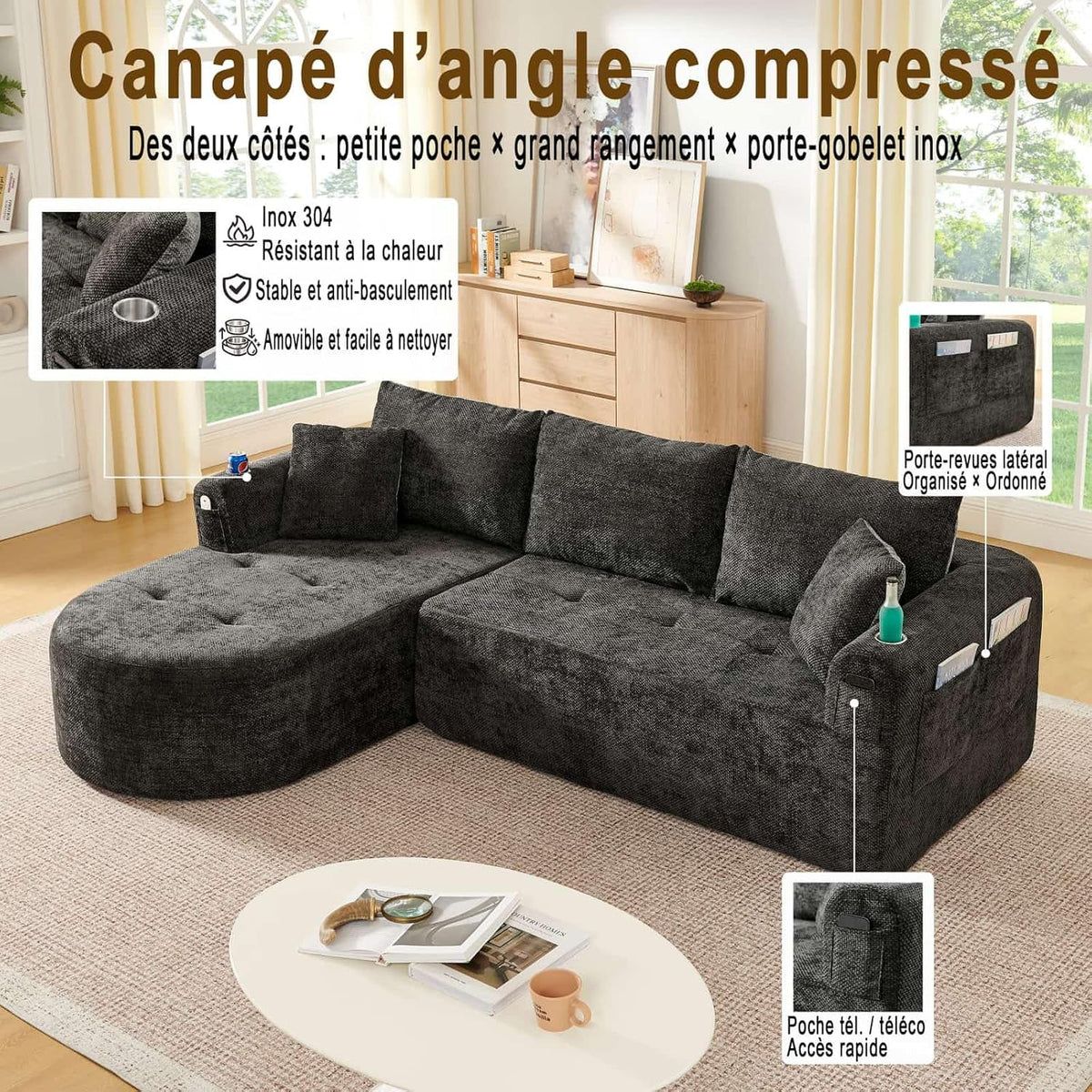 KOMHTOM Sofá Chaise Longue en L con Cojines (Negro)