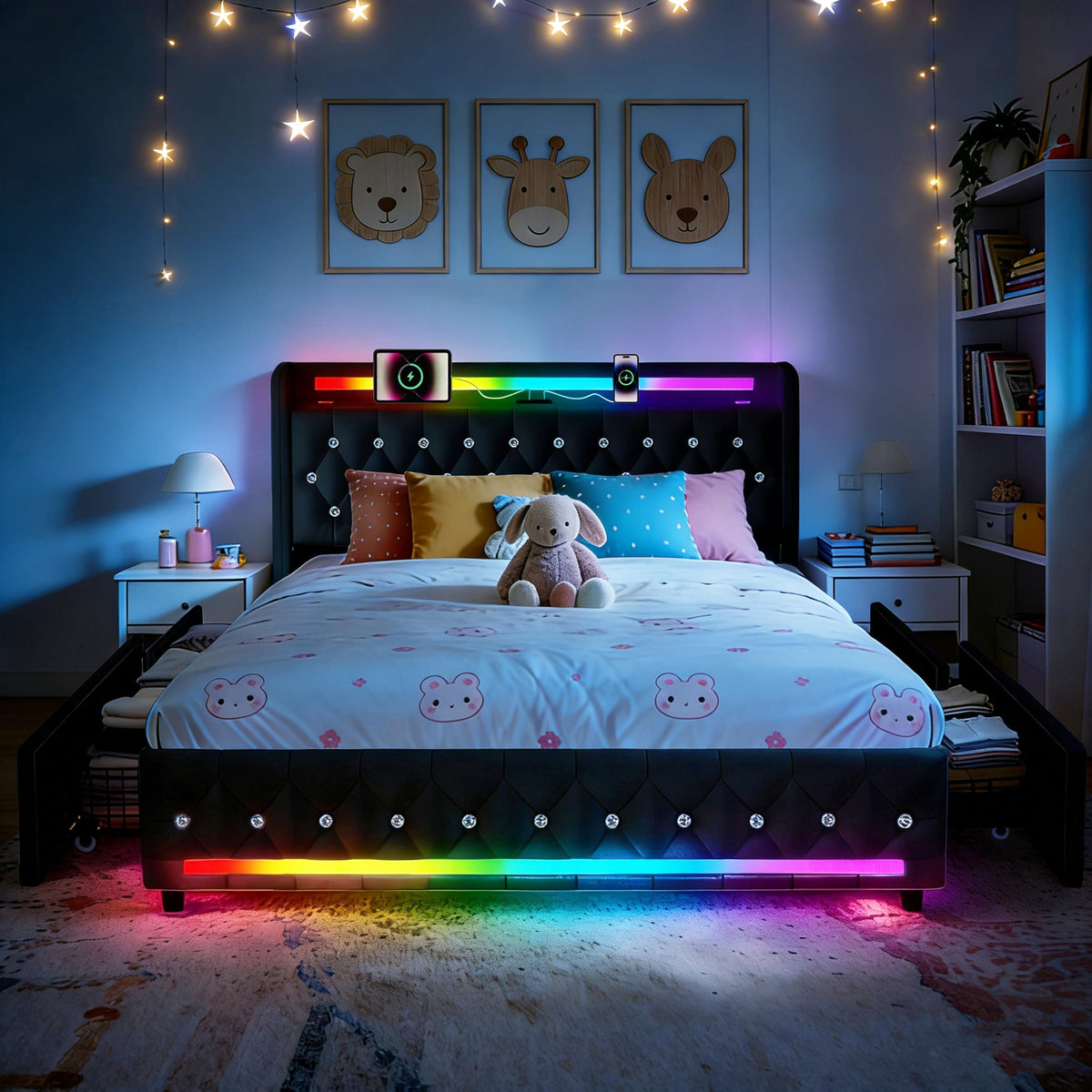 Estructura de Cama 140x200 cm con iluminación LED, Lino, Gris