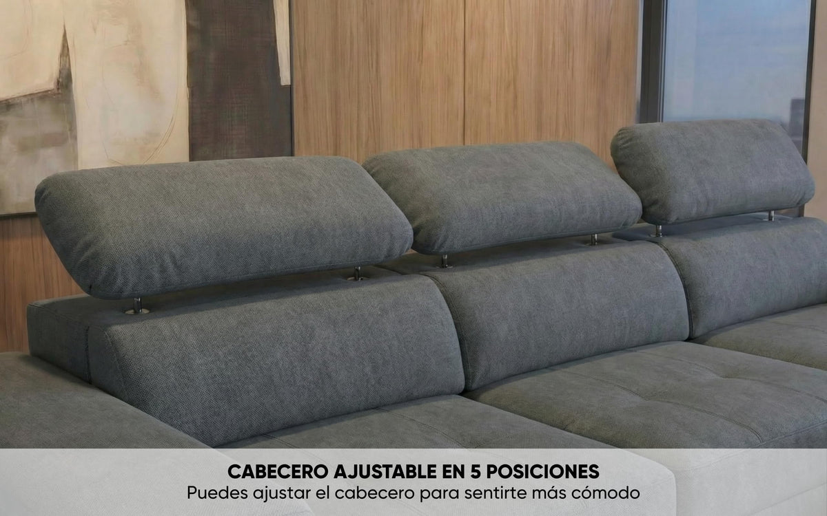 BUDWING John Sofá Cama Esquinero 4 Plazas - Chaise Longue Reversible, Reposacabezas Ajustable y 2 Pufs – Tapizado en Poliéster – Estilo Moderno – 263x161x96 cm – Gris Claro
