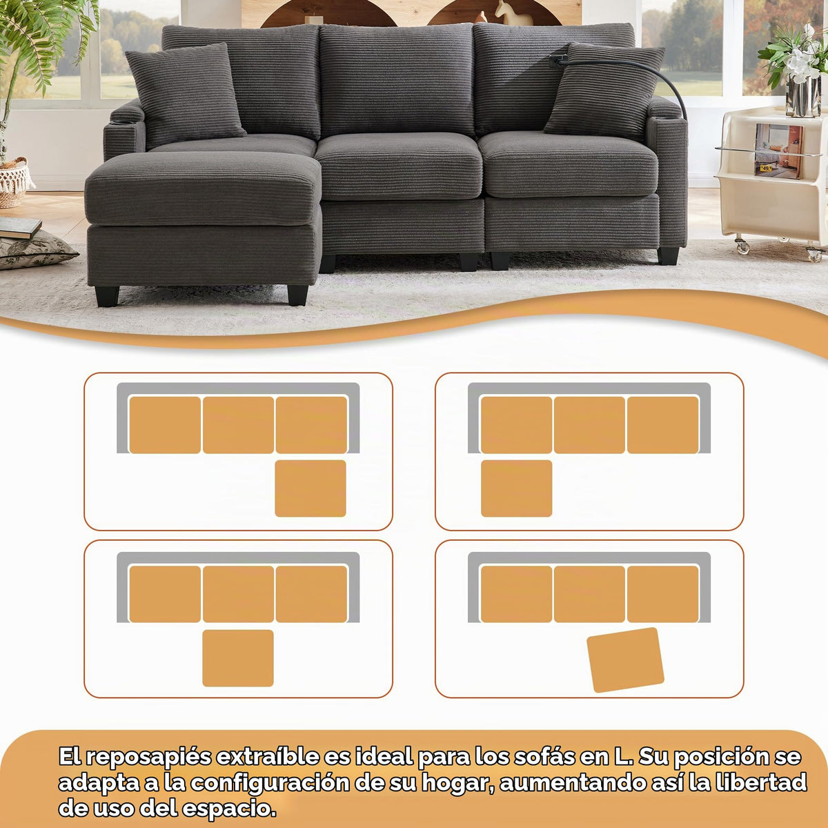 Sofá modular de 6 plazas, sofá esquinero en forma de L/U, puertos USB/tipo C, portavasos y espacio de almacenamiento, tela de chenilla, 7 cojines, salón, dormitorio y oficina, color beige