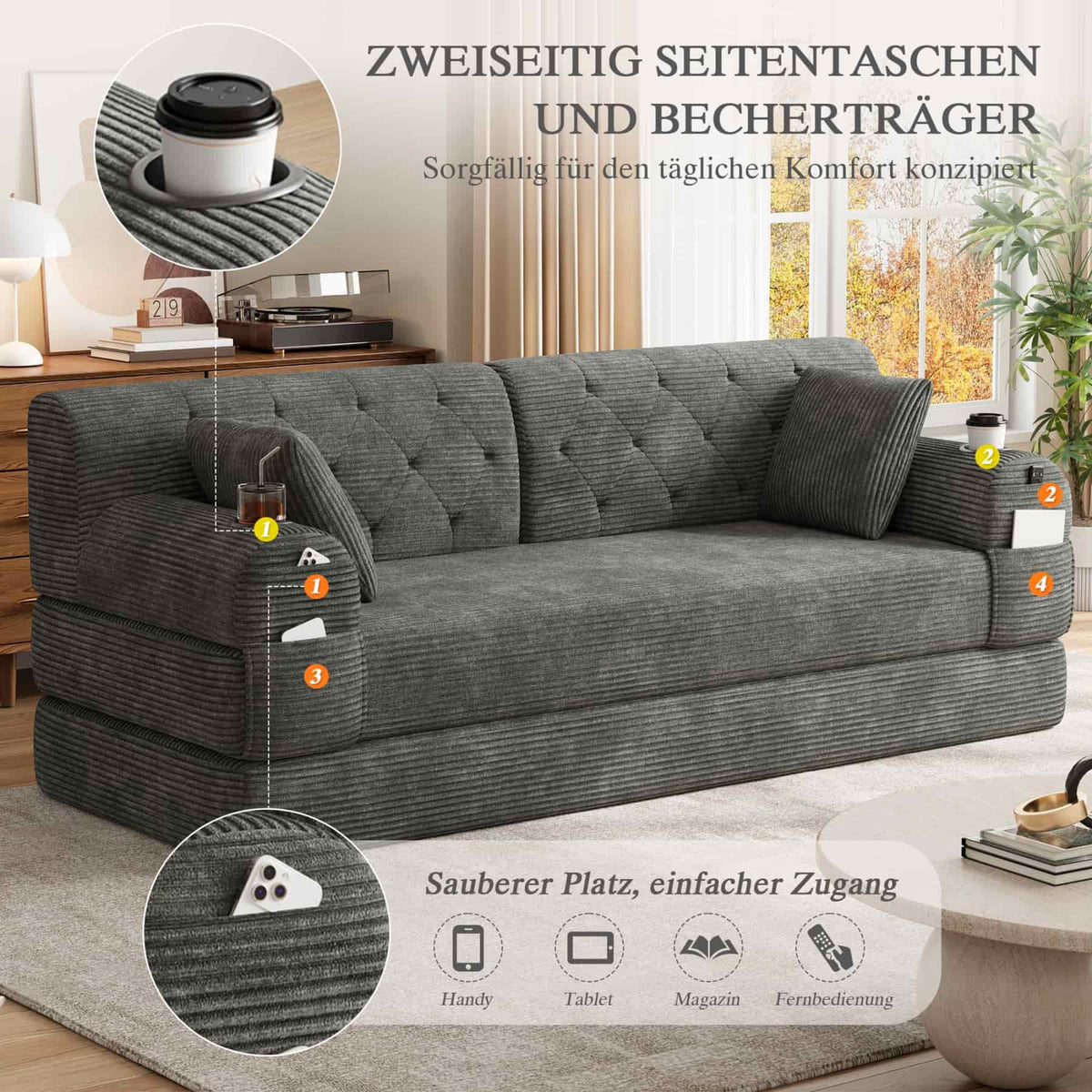 YEHTOKHOME - Sofá de Velor acanalado con respaldo alto y estructura metálica, sofá moderno de 2 plazas con 2 portavasos y 4 bolsillos laterales, para salón, dormitorio (Beige)
