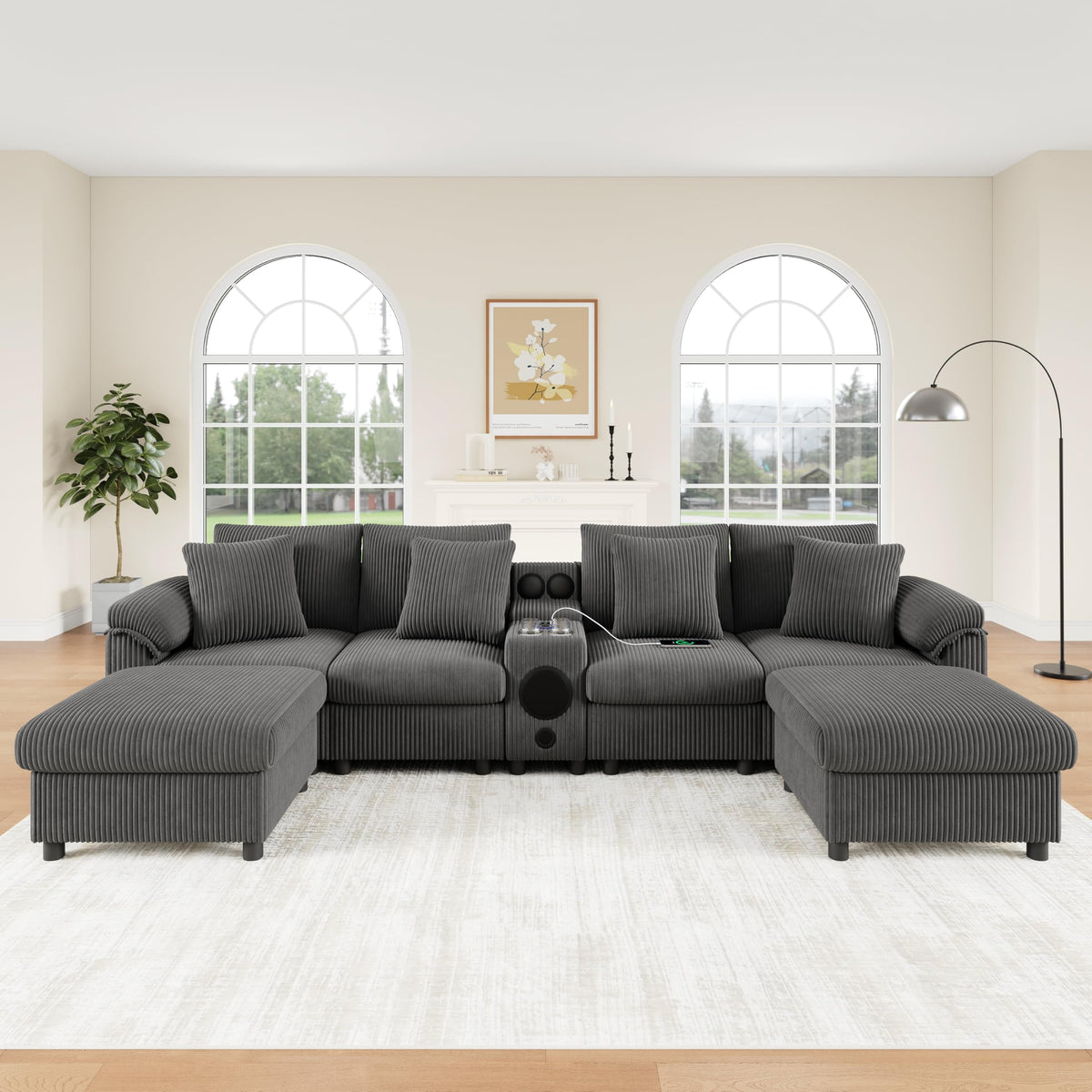 Sofá modular de 6 plazas, sofá esquinero en forma de L/U, puertos USB/tipo C, portavasos y espacio de almacenamiento, tela de chenilla, 7 cojines, salón, dormitorio y oficina, color beige