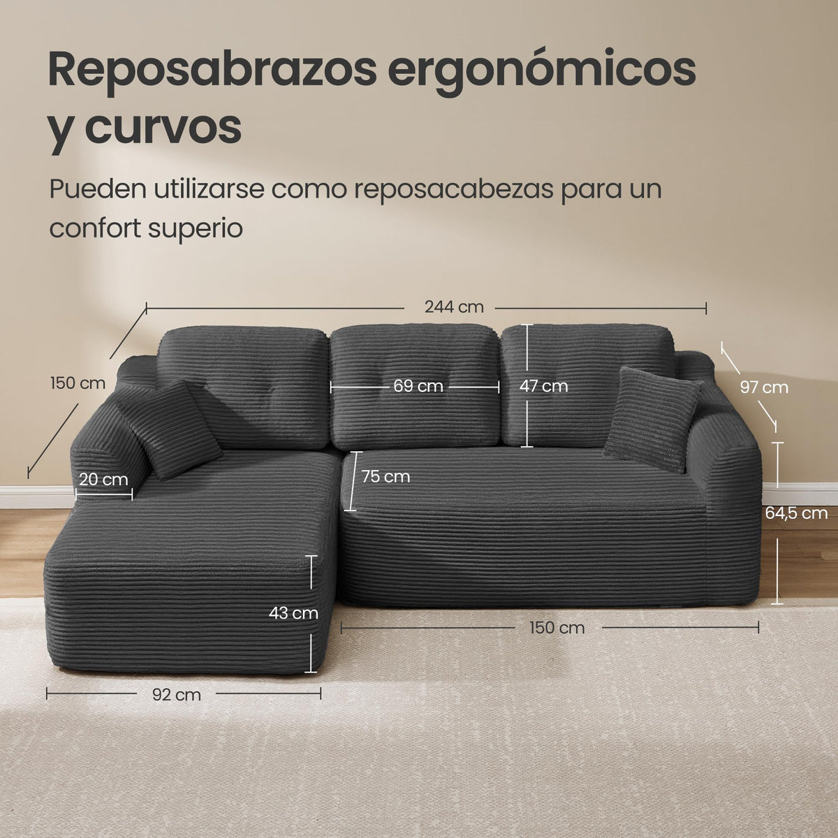VASAGLE Sofá con Chaise Longue, Esquinero de Pana, Diseño Modular de 3 Plazas, 242 x 152 x 73 cm, Negro, para Salón, Colección Camila LCS183B101