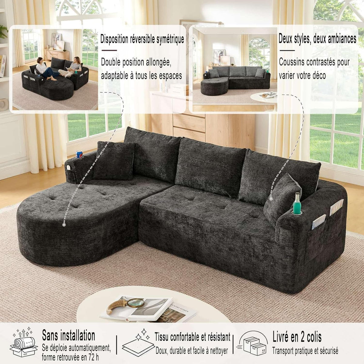 KOMHTOM Sofá Chaise Longue en L con Cojines (Negro)