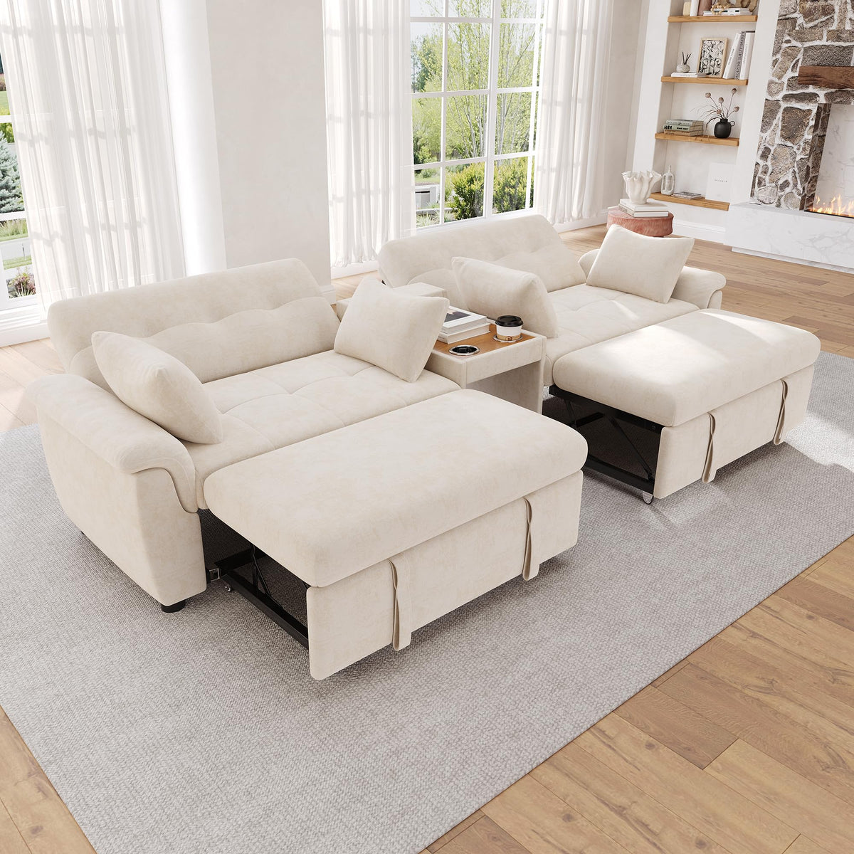 LAKFEW Sofa Cama con Cama Extensible y Taburete Almacenaje, Sofa Rinconera con USB, Lámpara de Lectura, Mesa Plegable con 2 Posavasos, 205x205x85 cm, Gris