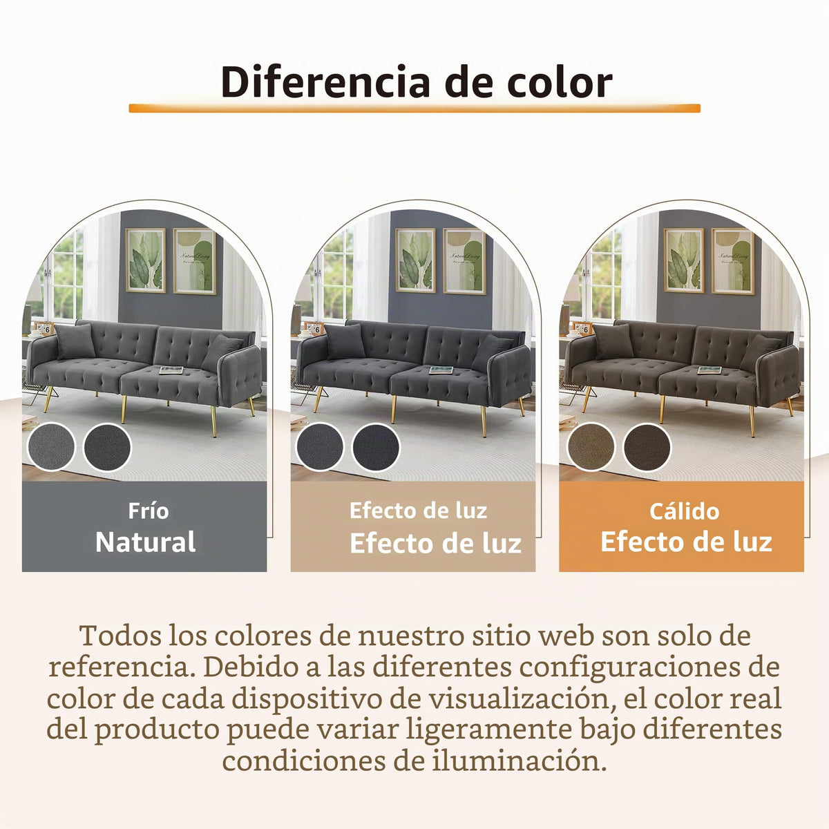 Sofá cama con esquinas ajustables, patas doradas, almohadas y bolsillos laterales para almacenamiento (Bavia)
