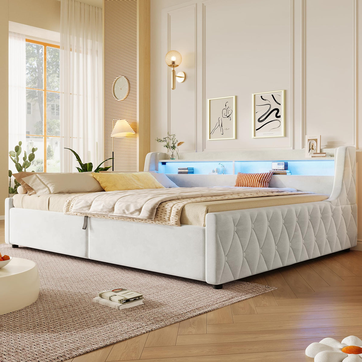Cama con plataforma de terciopelo 90 x 200 cm, con espacio de almacenamiento hidráulico e iluminación LED (color crema, 90 x 200 cm)