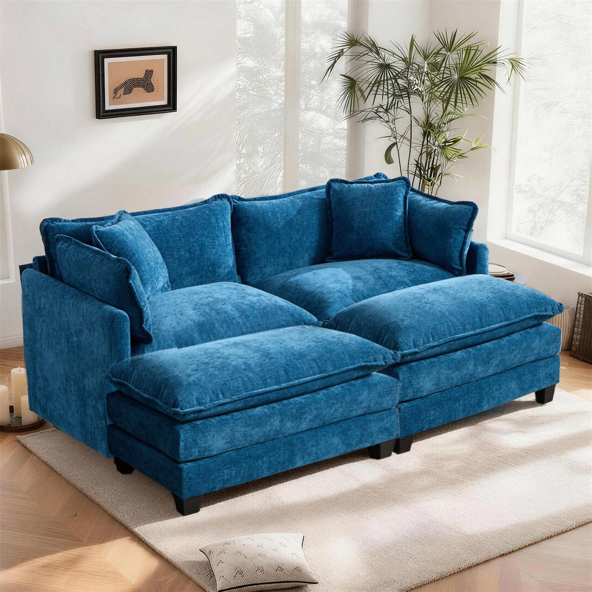 Sofá de salón modular 4 plazas 380cm, chenilla azul con cojines dobles