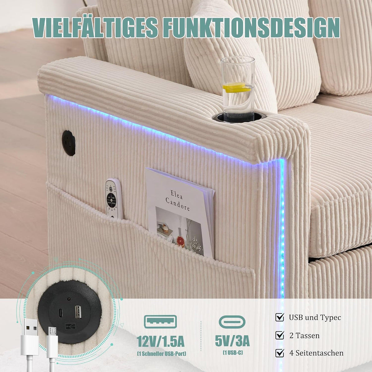 Dolamaní Sofá de terciopelo de 3 plazas con 2 cajones, soporte para bebidas, bolsillos laterales y reposapiés para sala de estar, dormitorio y oficina (beige)