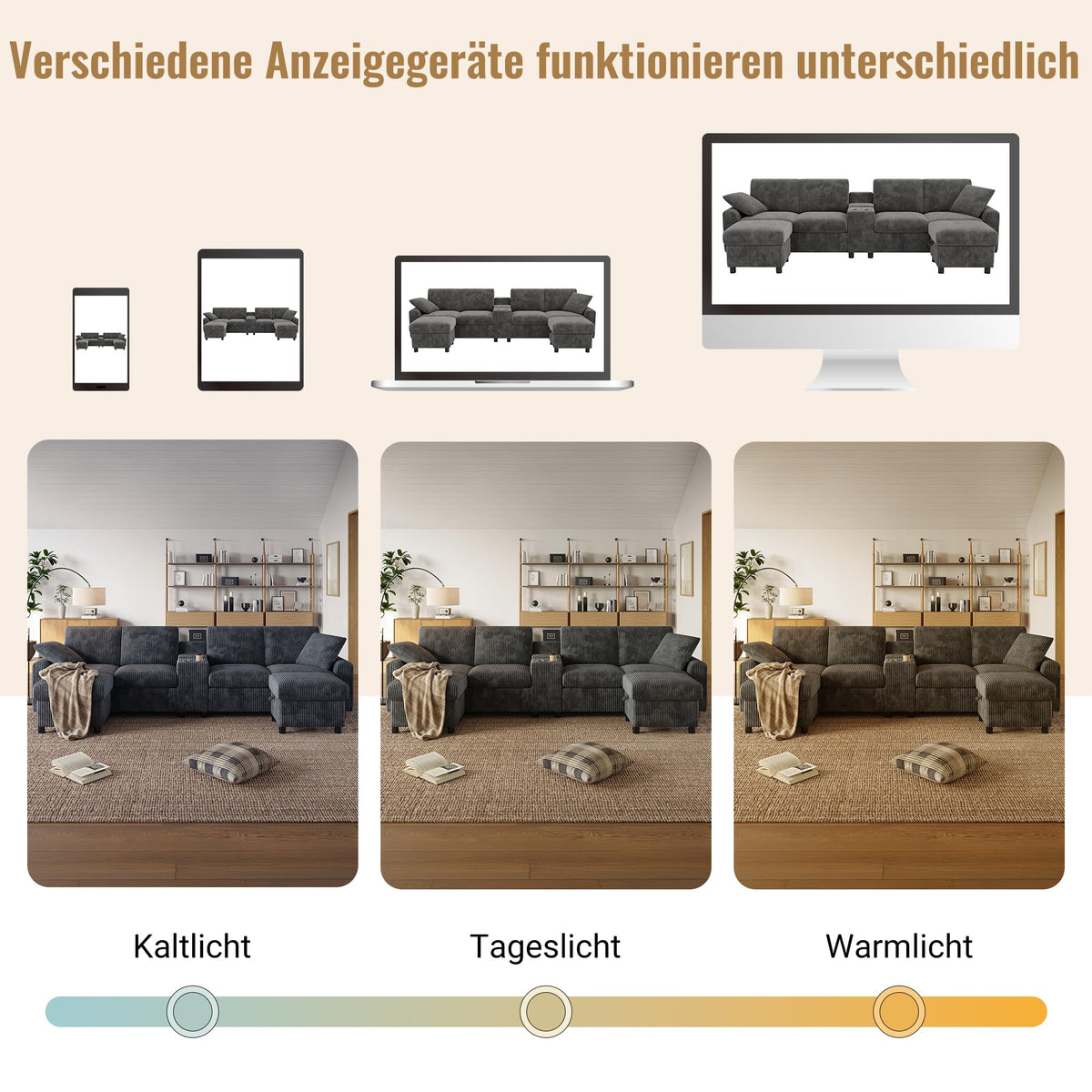 Sofá moderno de chenilla en forma de U con chaise longue, sofá esquinero de 4 plazas con espacio de almacenamiento, puerto USB y tipo C, modular, con soporte para bebidas y cojines suaves