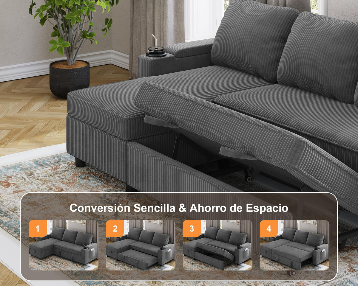 Devoko Sofá Cama L 3 plazas Azul Marino con almacén y portavasos, sofá Convertible Suave para salón y Piso, multifunción con Brazos amplios y Gran almacenaje