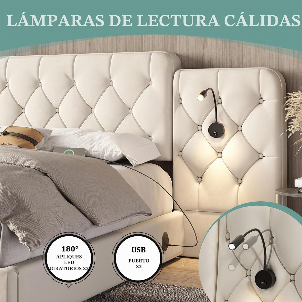 Estructura de cama con cabecero largo, 180 x 200 cm, material de terciopelo moderno, varios puertos USB, lámpara de escritorio, sistema hidráulico, espacio de almacenamiento extra grande en la