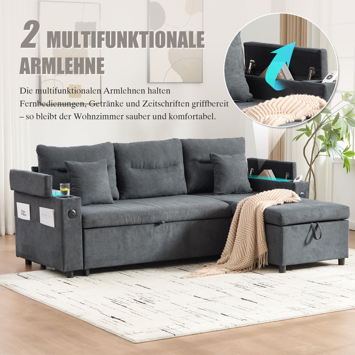 Dolamaní Sofá moderno de 4 plazas de tela de lino con espacio de almacenamiento y función de dormir, sofá cama con cajonera extensible en forma de L para casa y salón (beige B)
