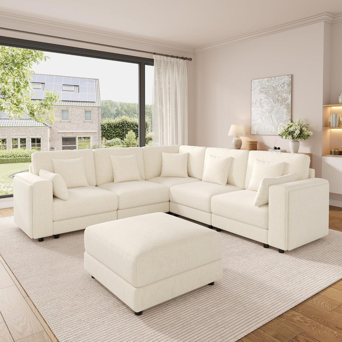 Sofá modular de 6 plazas, sofá esquinero en forma de L/U, puertos USB/tipo C, portavasos y espacio de almacenamiento, tela de chenilla, 7 cojines, salón, dormitorio y oficina, color beige