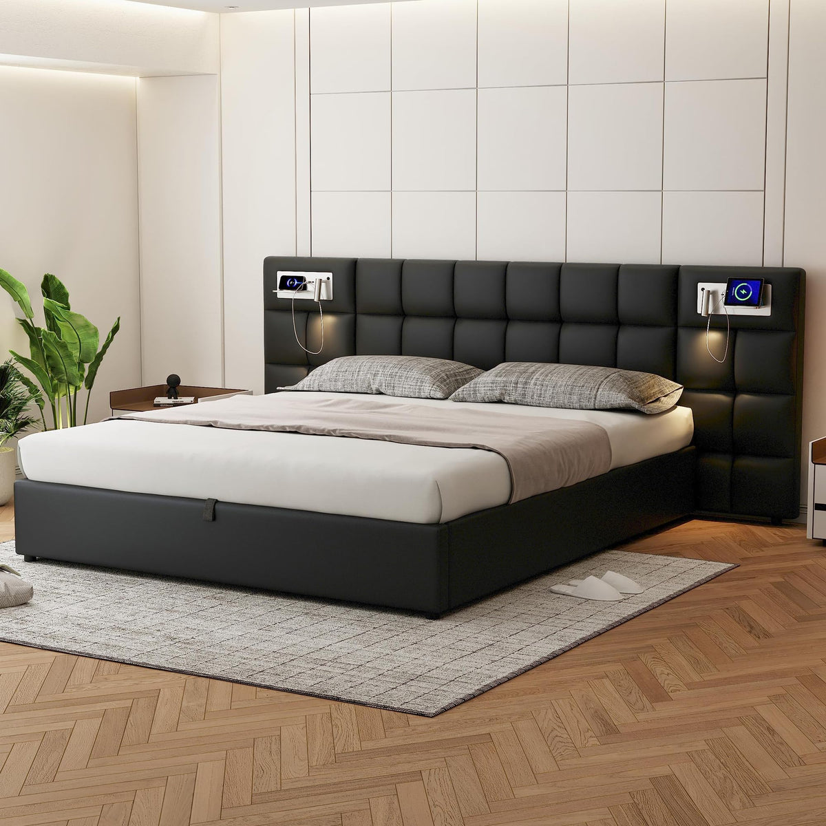 Cama 180x200 cm Camas Matrimoniales con LED y Lámpara de Noche, Cama Doble Tapizada con USB y Cabecero Ancho, Almacenaje Hidráulico, Soporte de Lamas de Madera, Terciopelo, Sin Colchón, Gris