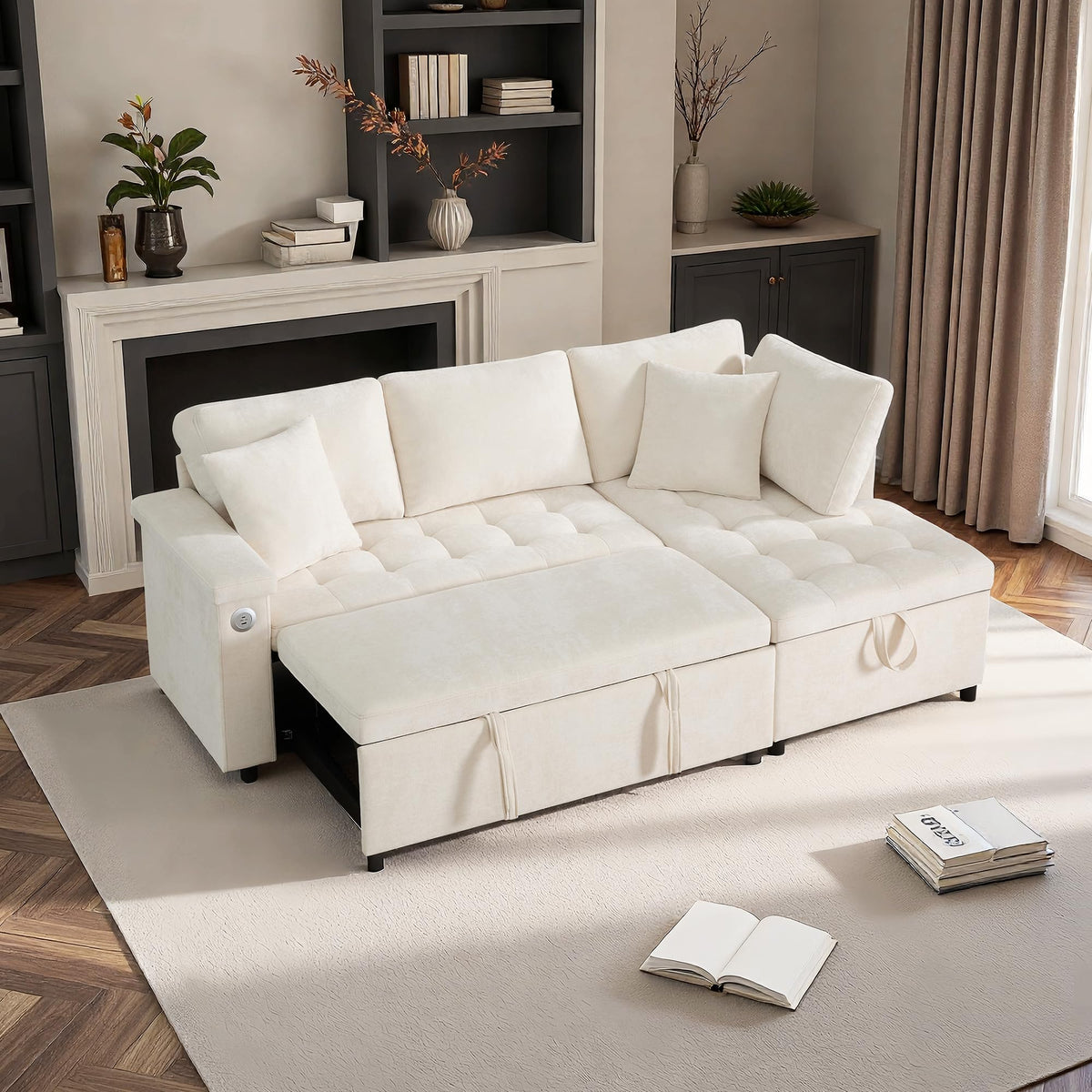 Sofá esquinero extensible en forma de L con puerto USB y portavasos, sofá cama de 4 plazas con función cama, sofá convertible con espacio de almacenamiento y reposabrazos, cojines, chenilla