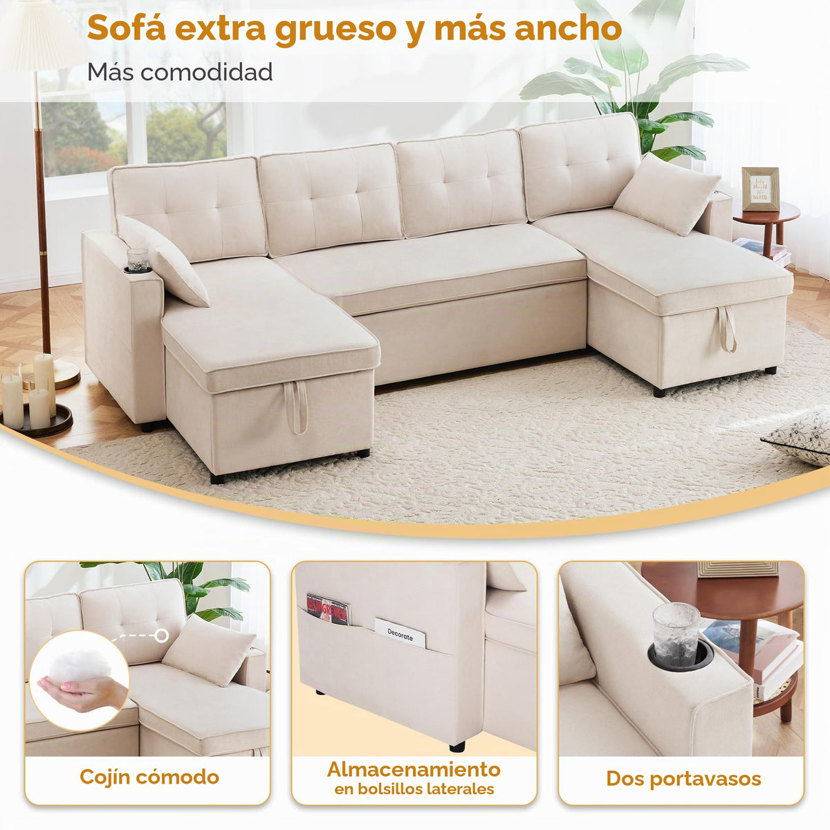 Sapgaks Sofá Seccional en U Moderno,Sofá 4 plazas,Mueble Acolchado de diseño Moderno,Tela de Chenilla (Beige)