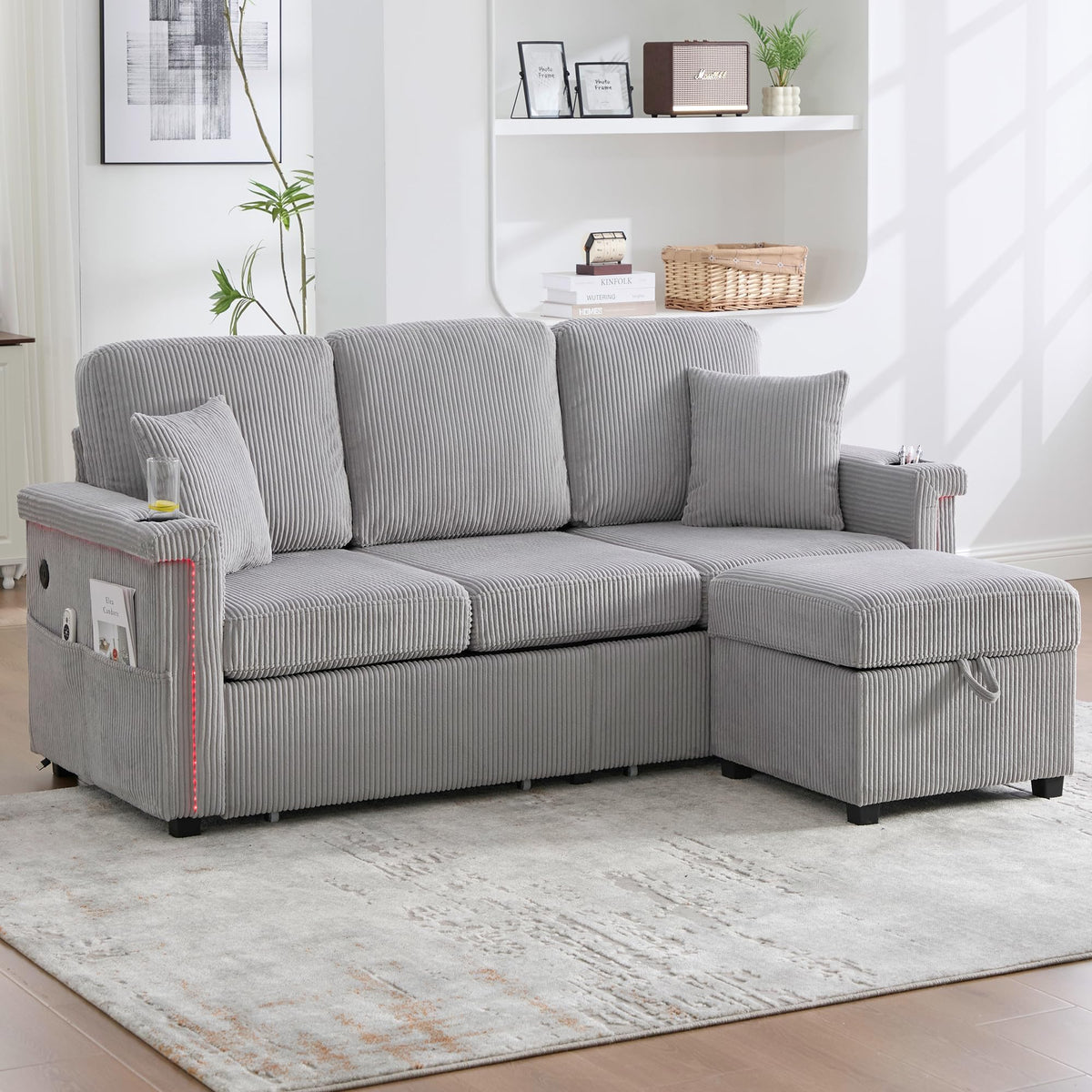 Dolamaní Sofá de terciopelo de 3 plazas con 2 cajones, soporte para bebidas, bolsillos laterales y reposapiés para sala de estar, dormitorio y oficina (beige)