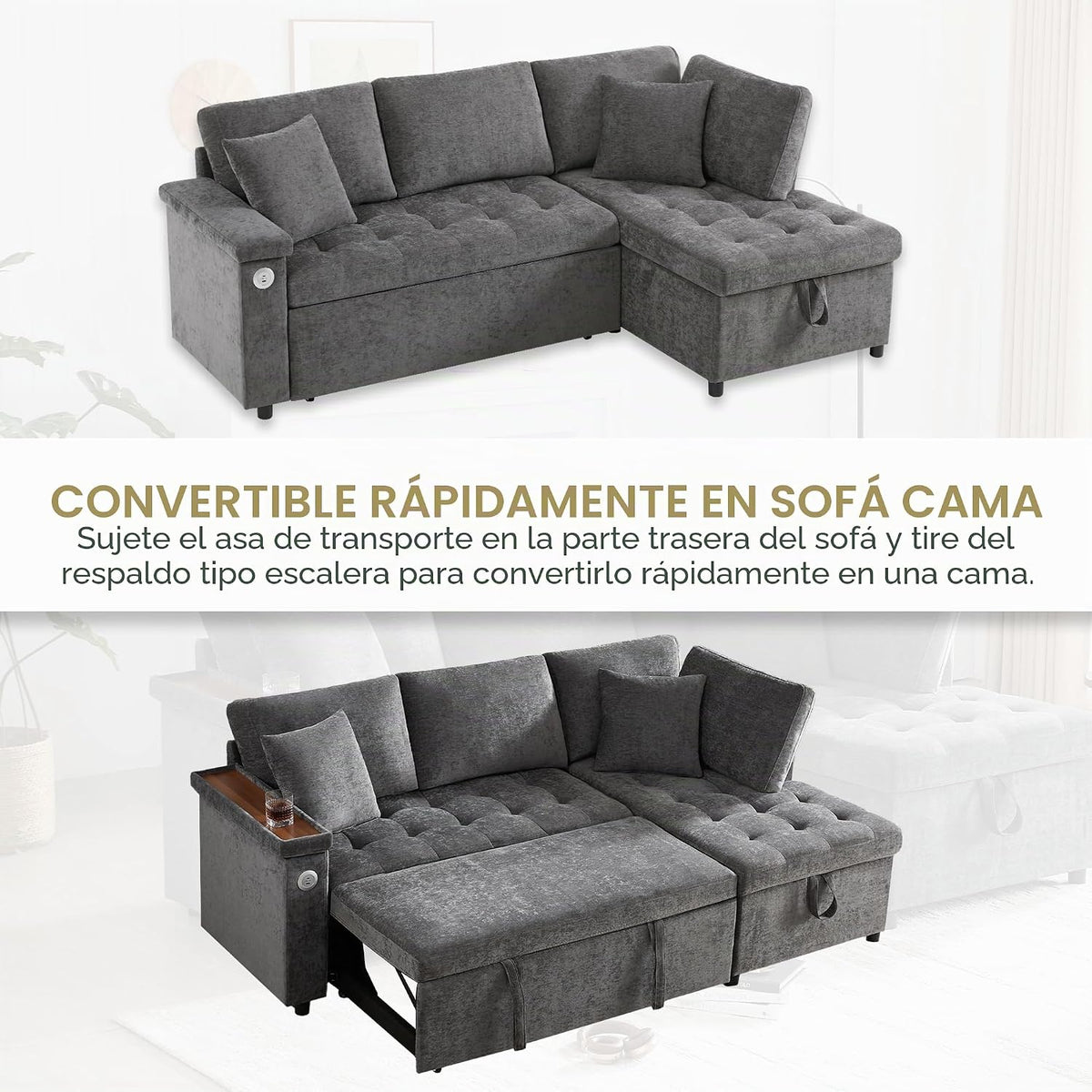 Lubvtti Sofá cama de 3 plazas moderno con función de cama, con espacio de almacenamiento, cargador USB, reposabrazos portaobjetos y 2 cojines, sofá de esquina en L, sofá de 3 plazas, chenilla (C-gris)