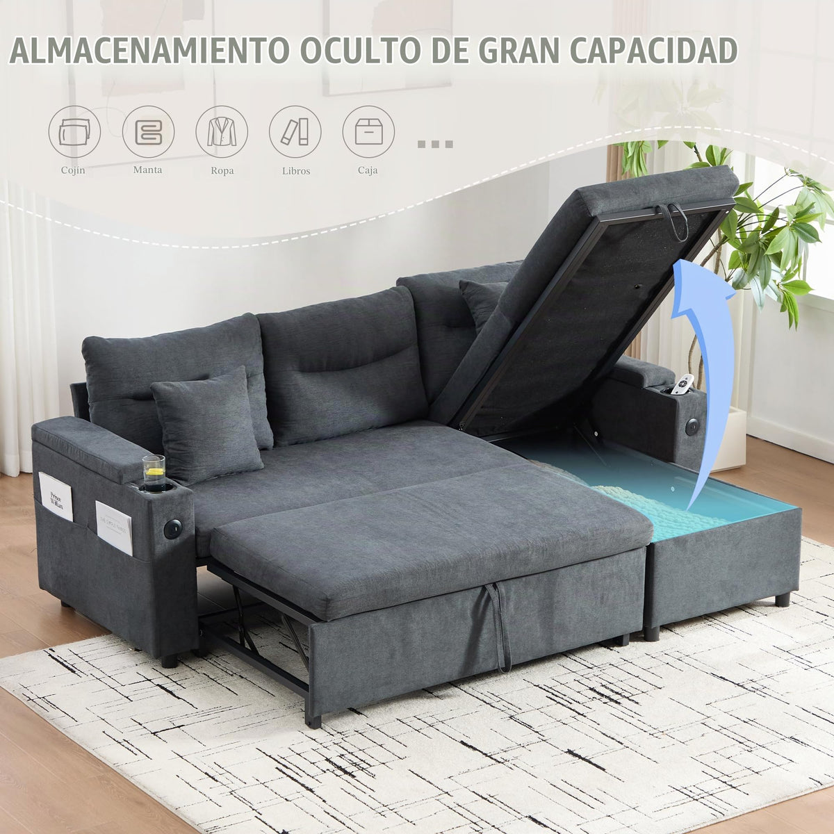 Dolamaní Sofá moderno de 4 plazas de tela de lino con espacio de almacenamiento y función de dormir, sofá cama con cajonera extensible en forma de L para casa y salón (beige B)