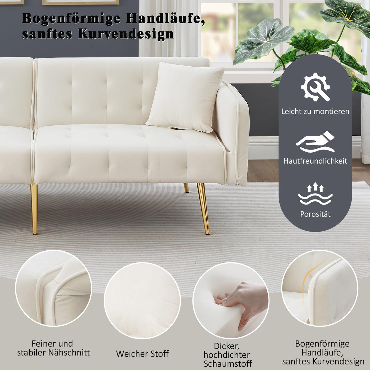 Sofá cama con esquinas ajustables, patas doradas, almohadas y bolsillos laterales para almacenamiento (Bavia)