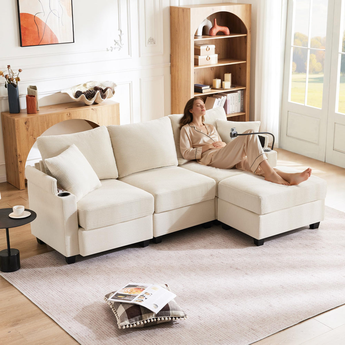 Sofá modular de 6 plazas, sofá esquinero en forma de L/U, puertos USB/tipo C, portavasos y espacio de almacenamiento, tela de chenilla, 7 cojines, salón, dormitorio y oficina, color beige