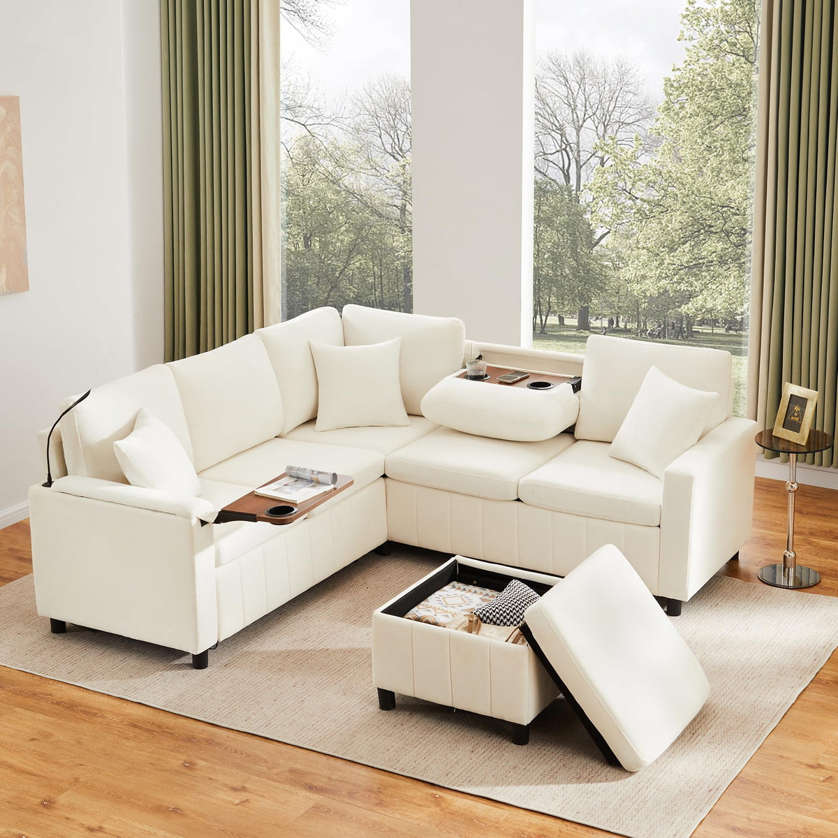 LAKFEW Sofa Cama con Cama Extensible y Taburete Almacenaje, Sofa Rinconera con USB, Lámpara de Lectura, Mesa Plegable con 2 Posavasos, 205x205x85 cm, Gris