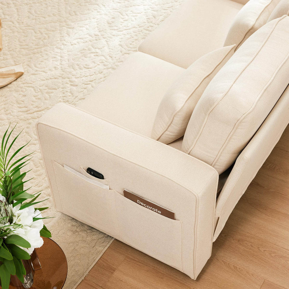 Sofá moderno de 4 plazas, en tejido de lino, soporte para bebidas, 2 puertos de carga USB con cable, bolsillos en reposabrazos y 4 cojines, sofá sencillo para sala de estar