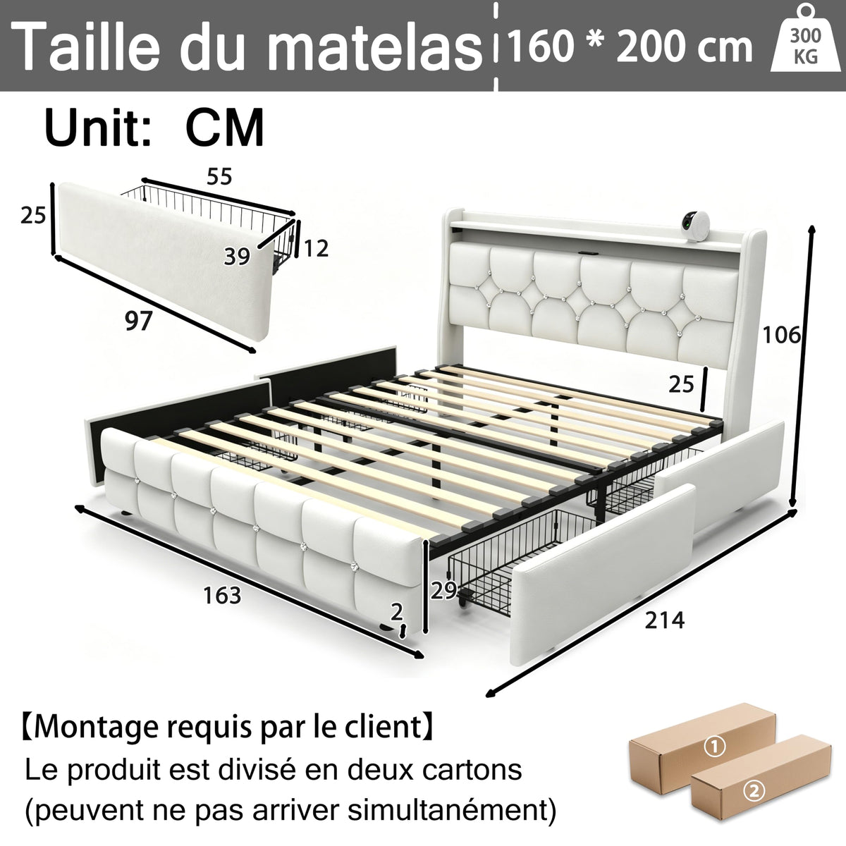 Armazón de Cama de Cuero 140x200cm con luz LED, Blanco