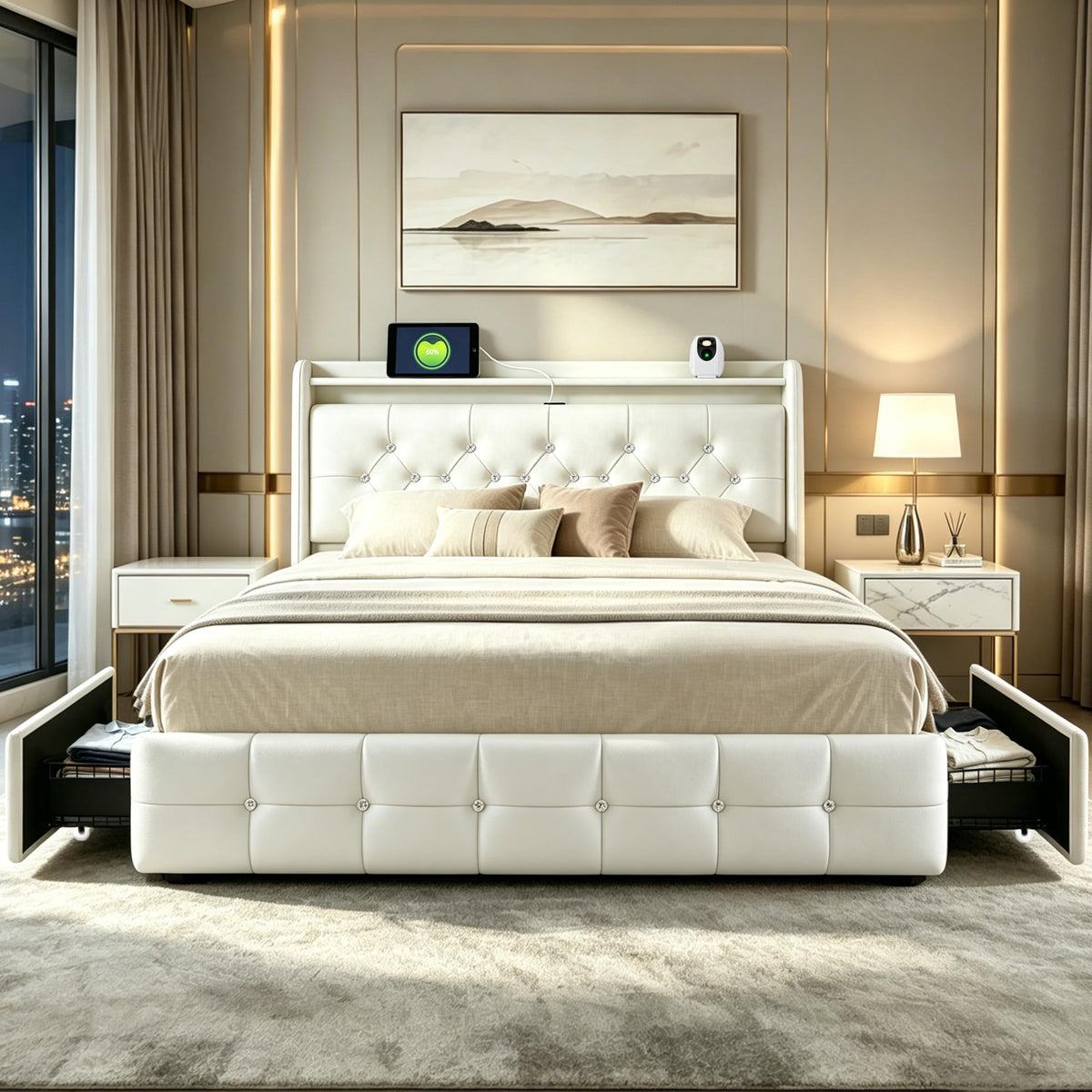 Armazón de Cama de Cuero 140x200cm con luz LED, Blanco