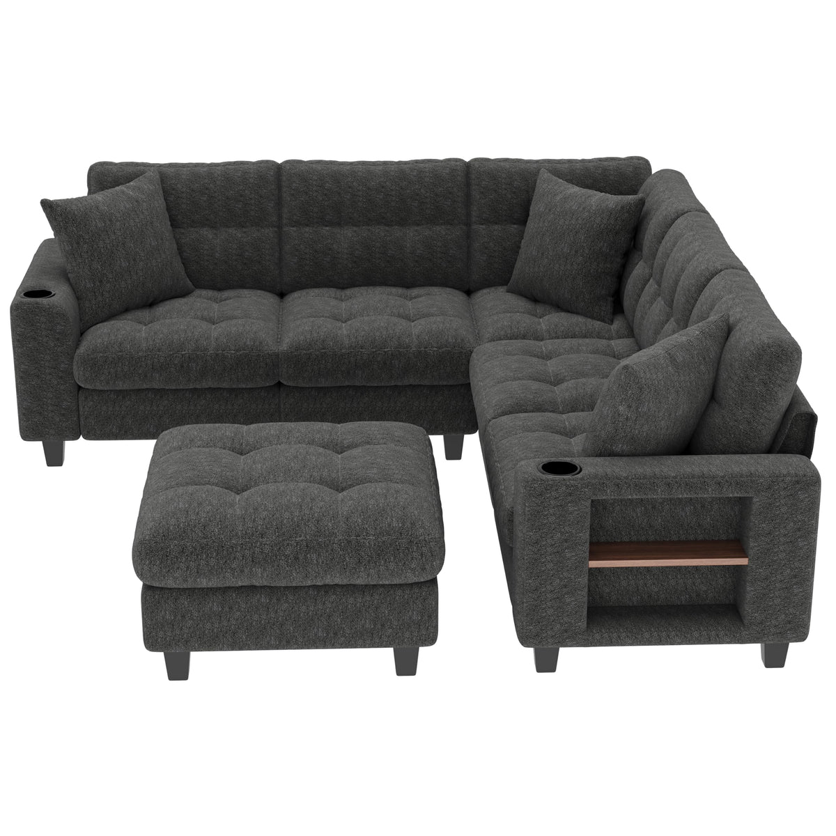 Sapgaks Sofá modular moderno de 6 plazas, con USB y portavasos, sofá de esquina modular muy grande en forma de U/L, con reposapiés extraíble y apoyabrazos con estantería, tela de chenilla, beige