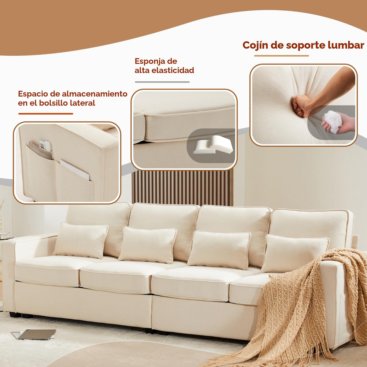 Sofá moderno de 4 plazas, en tejido de lino, soporte para bebidas, 2 puertos de carga USB con cable, bolsillos en reposabrazos y 4 cojines, sofá sencillo para sala de estar