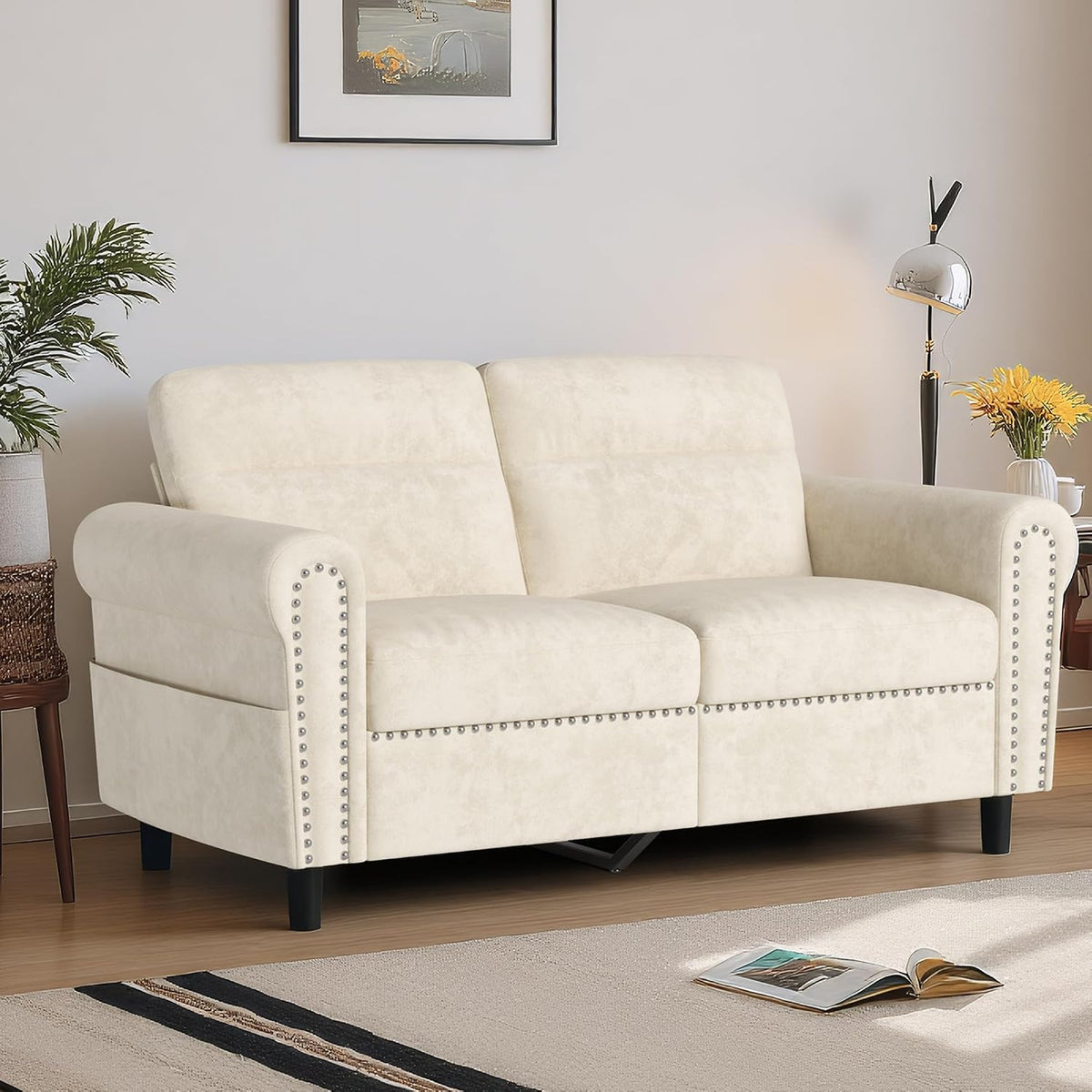 Sofá 2 Plazas,Loveseat con Bolsillo Lateral Beige