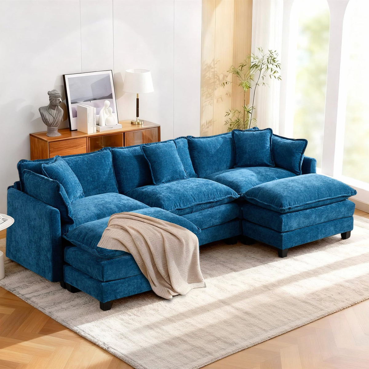 Sofá de salón modular 4 plazas 380cm, chenilla azul con cojines dobles