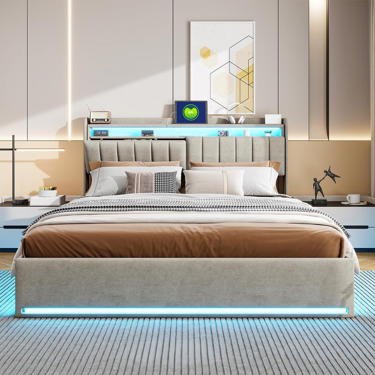 Cama tapizada de 160 x 200 cm, cama doble LED con espacio de almacenamiento, cabecero y función de carga USB C, cama de almacenamiento hidráulico, respaldo con somier de láminas de madera