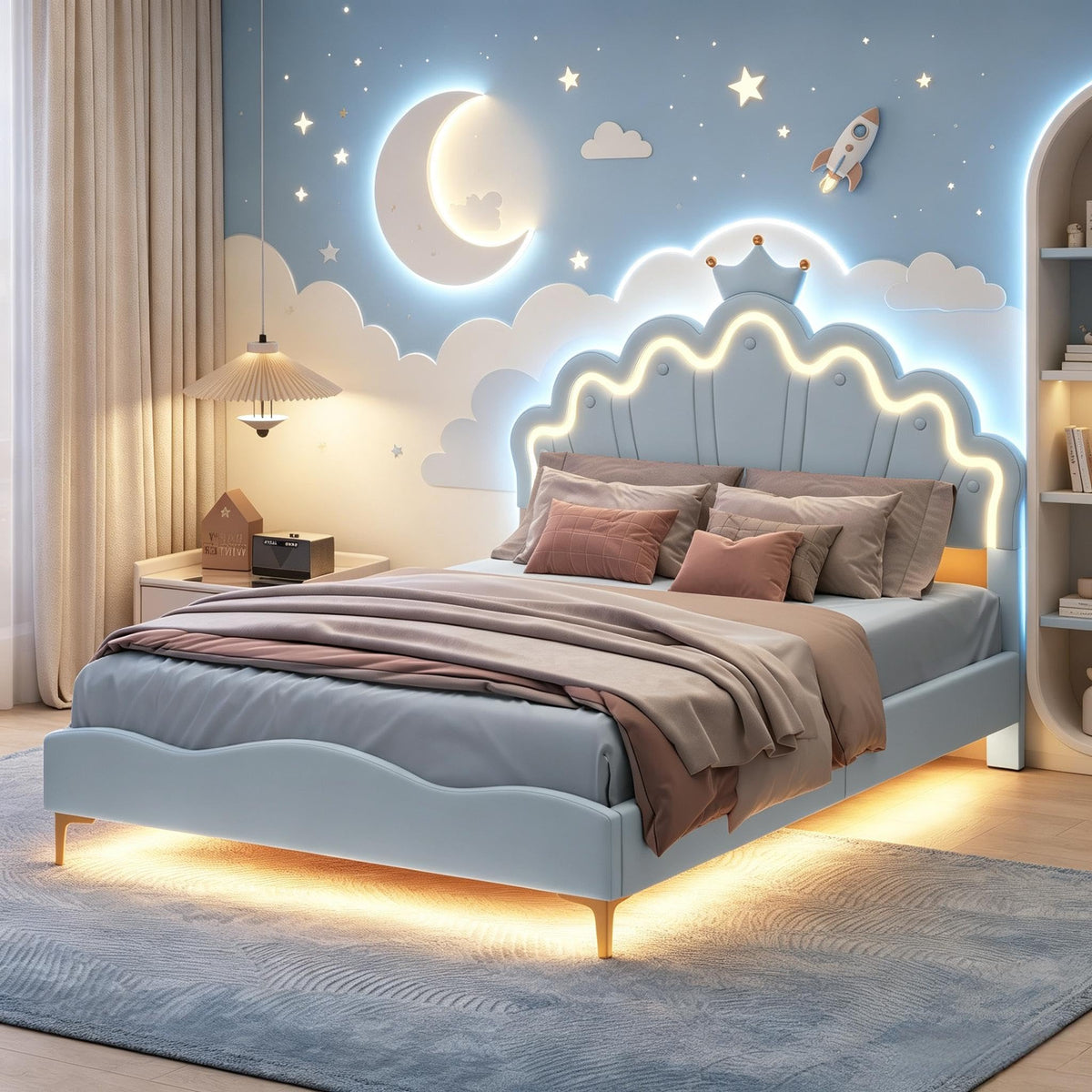 Cama Infantil tapizada 140 x 200 cm con LED, Cama tapizada para niños 140 x 200 con cabecera Ajustable Marco de Camas, Camas de Princesa para Niña en Forma de Corona con Somier(Rosa, 140 x 200)