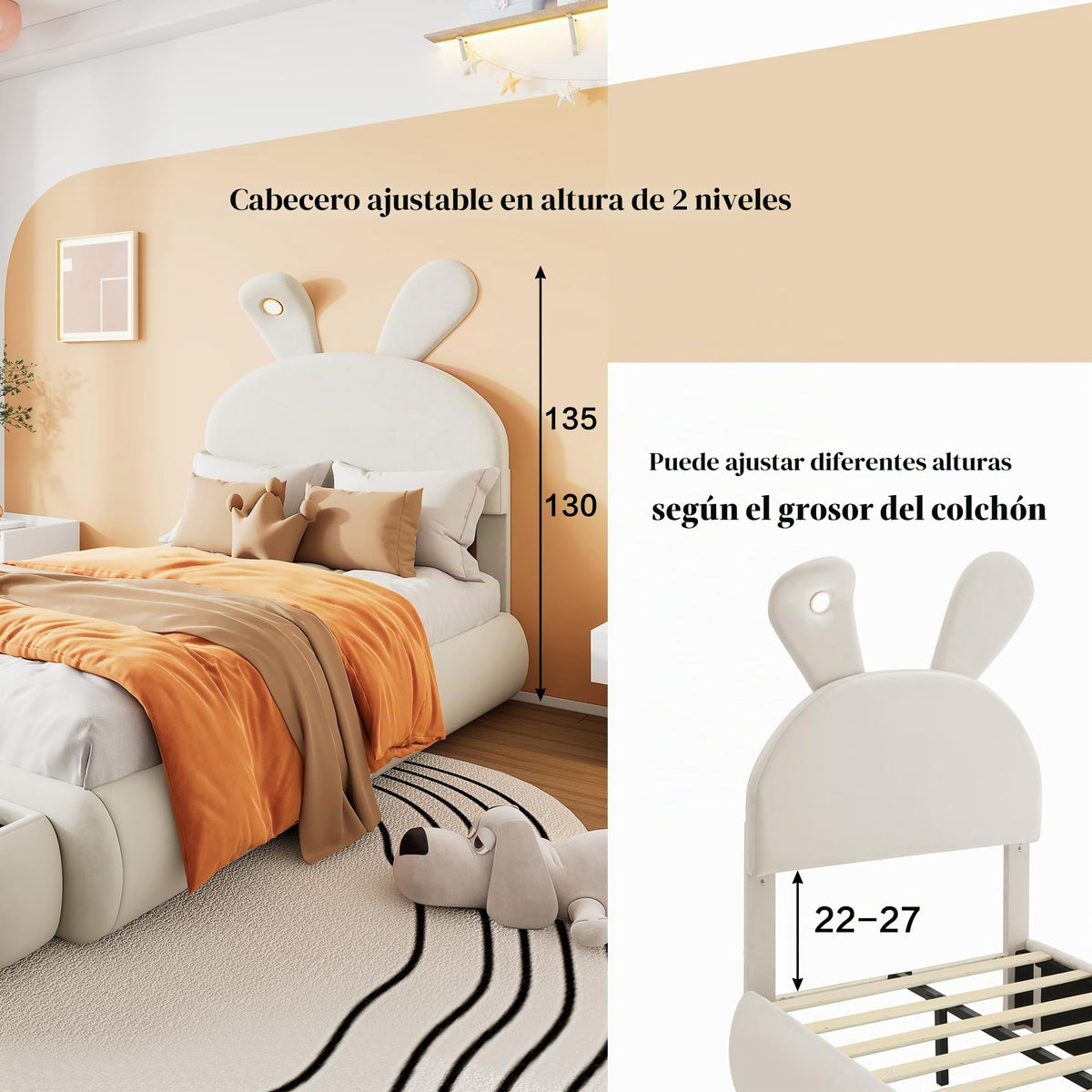 Soweiz Cama tapizada, cama individual, con orejas de conejo y tiras de luz de color cálido con brillo ajustable, con dos cajones de almacenamiento, cama infantil con somier de madera, terciopelo